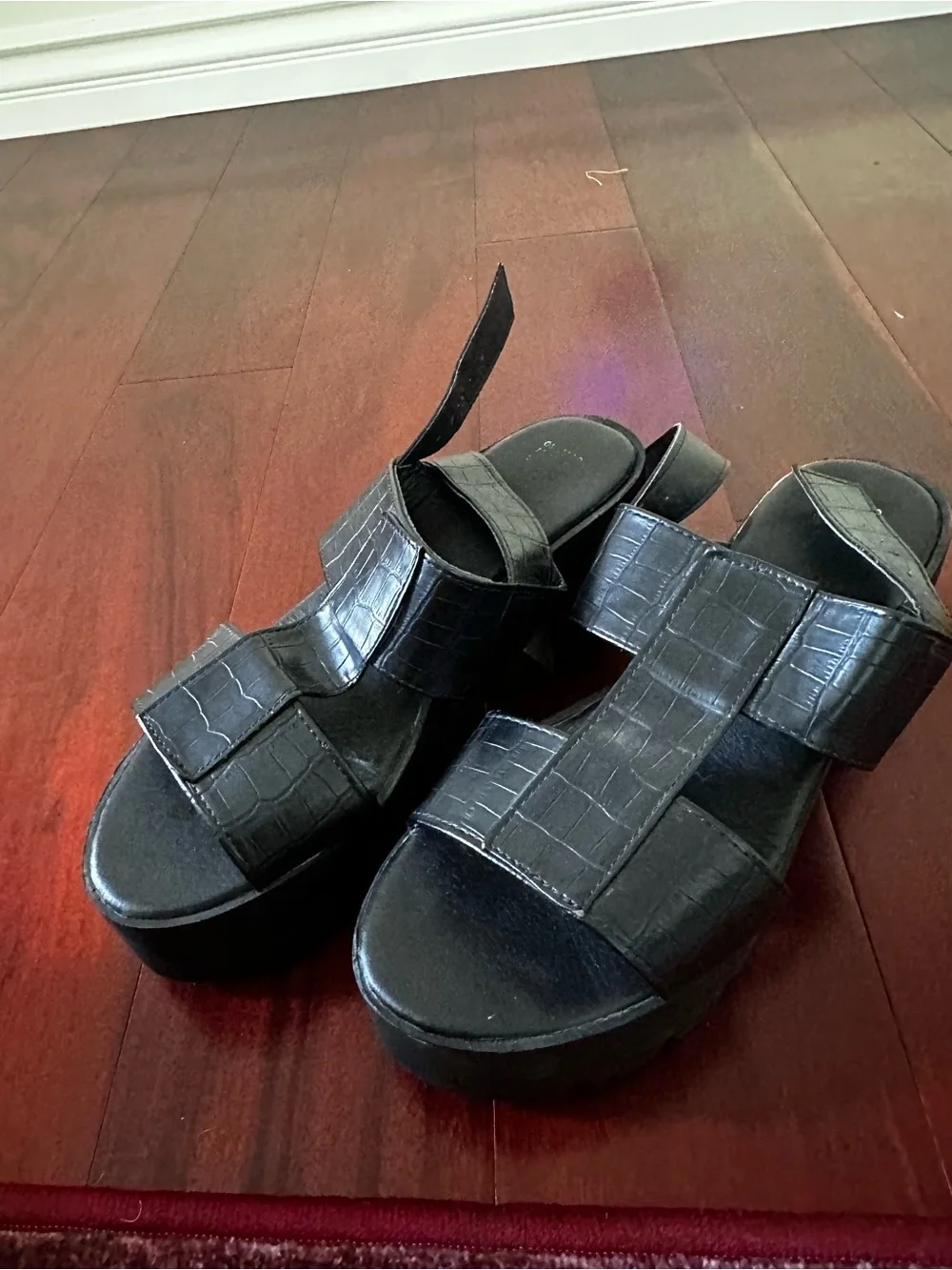 Black Platform Sandals with Croc-Embossed Straps